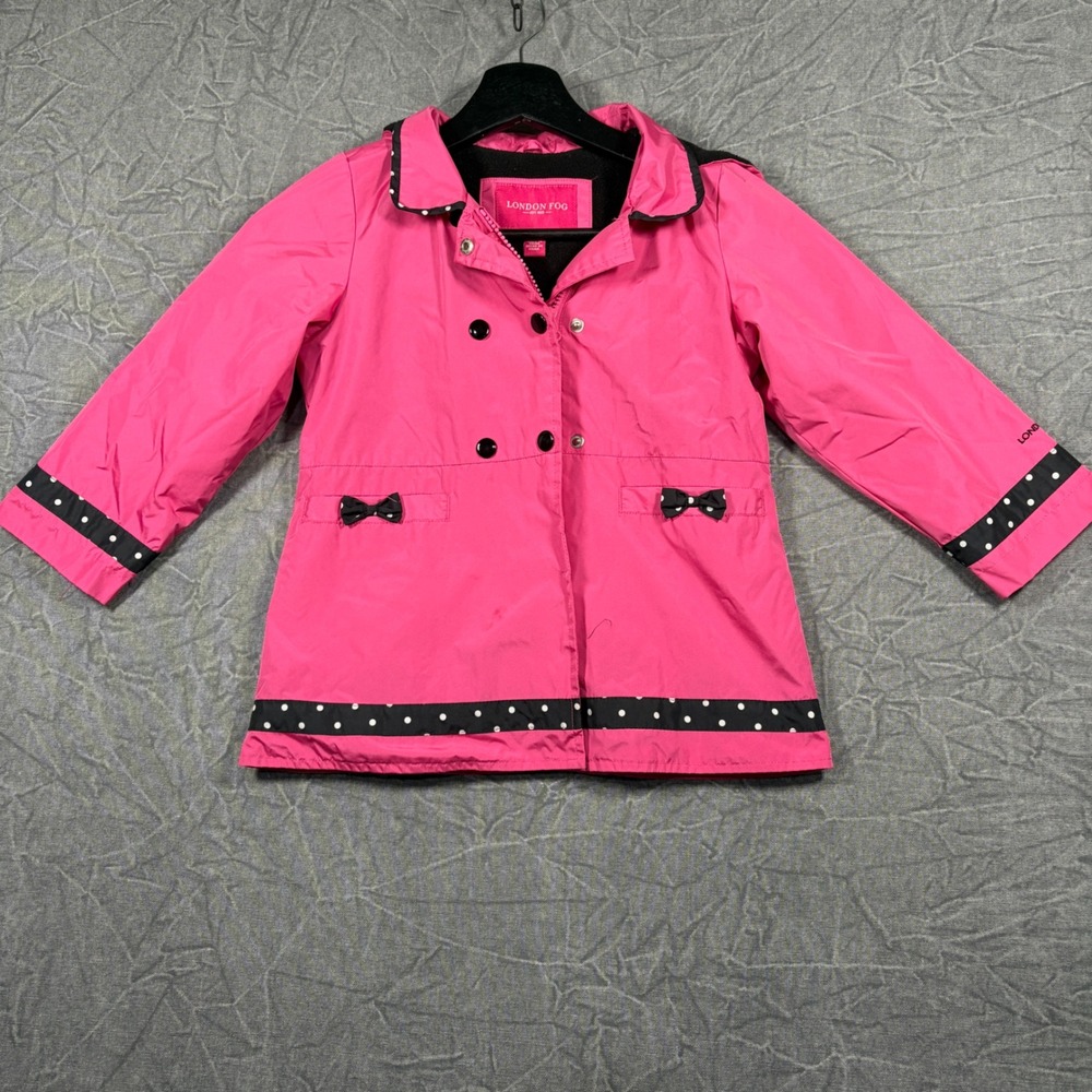 London Fog Jacket Girls 5 Pink Trench Coat Polka Dot Trim Fleece Lined Hooded